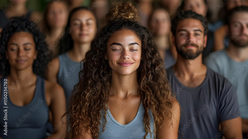 Fototapeta premium Candid Group Engaged in Guided Meditation with Copy Space for Branding