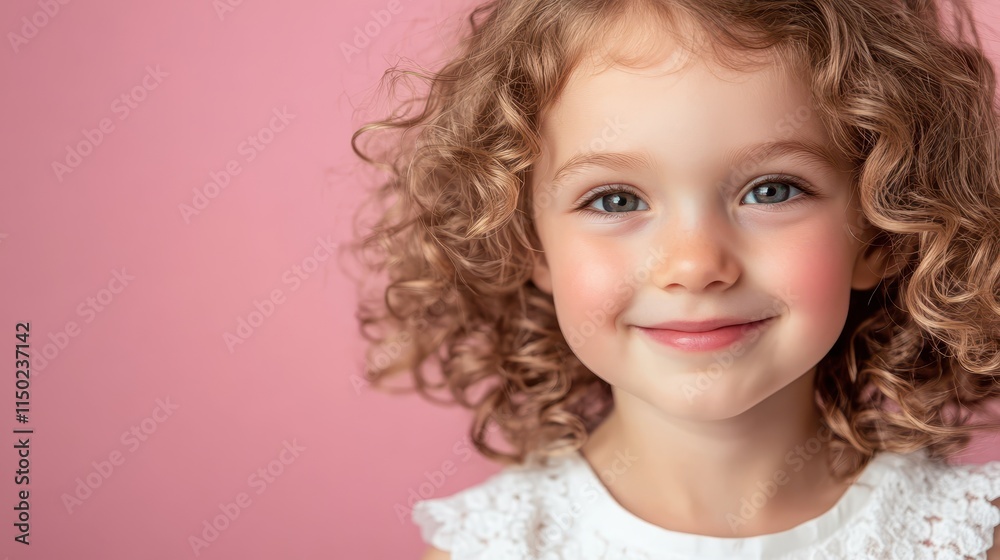 A close-up portrait of a cute smiling girl with curly hair, wearing a white dress, against a pastel pink background with plenty of copy space. A close-up portrait of a cute smiling girl with curly hair, wearing a white dress, against a pastel pink background with plenty of copy space.