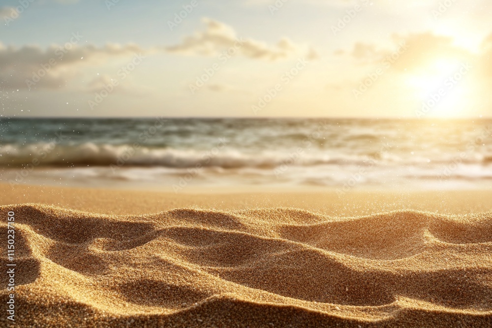 Serene sunset on sandy beach with gentle waves lapping at the shore in a tranquil coastal setting