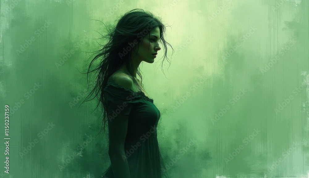 Fototapeta premium painting of a woman in a green dress standing in front of a green wall