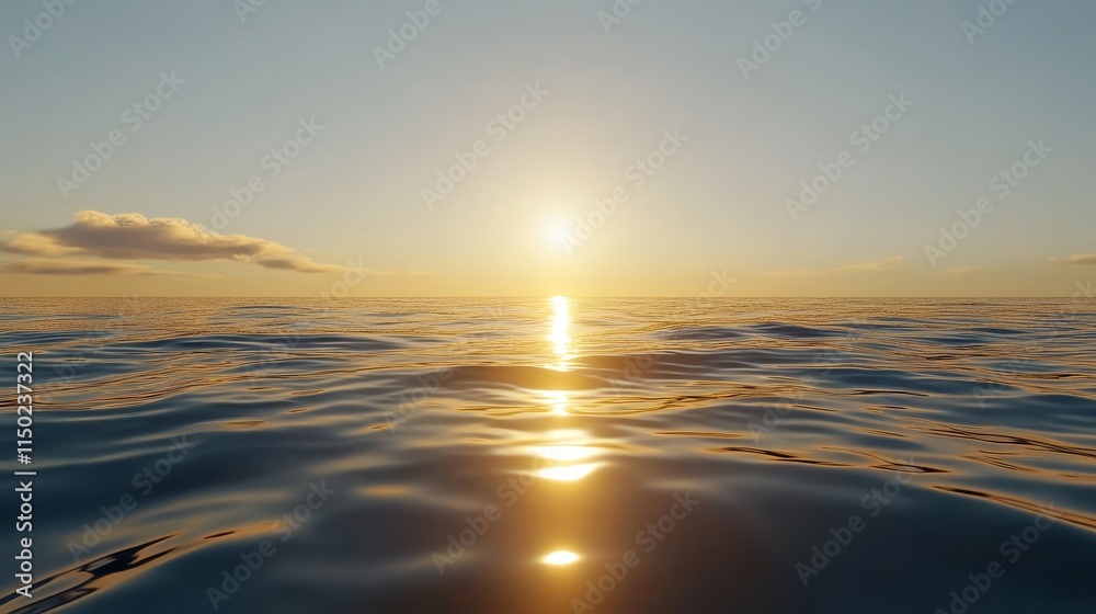 Fototapeta premium Golden Sunset Ocean Reflection - Serene sunset, sunlight reflecting on calm ocean water, evokes peace, tranquility, and hope. Nature's beauty, golden hour glow.