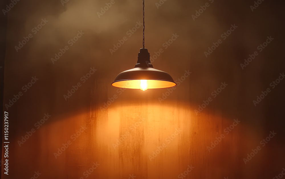 Obraz premium Warm light illuminates a rustic room with a vintage pendant lamp hanging from the ceiling