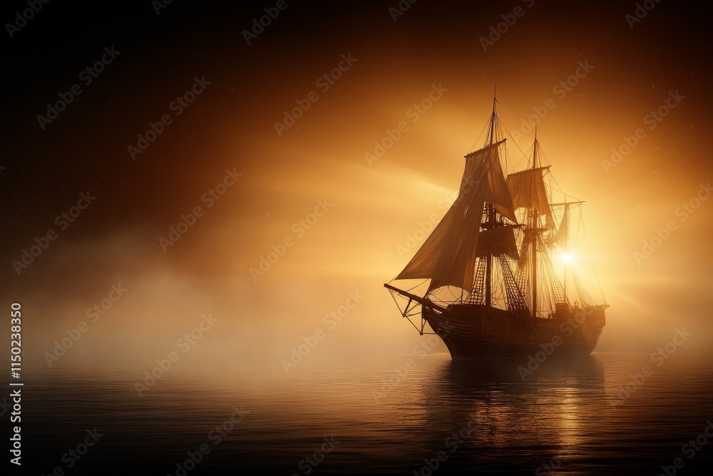 Majestic sailing ship glides through fog at sunset over calm waters Majestic sailing ship glides through fog at sunset over calm waters