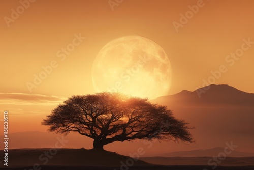 Moonrise over a silhouette tree against a colorful sunset in a tranquil landscape