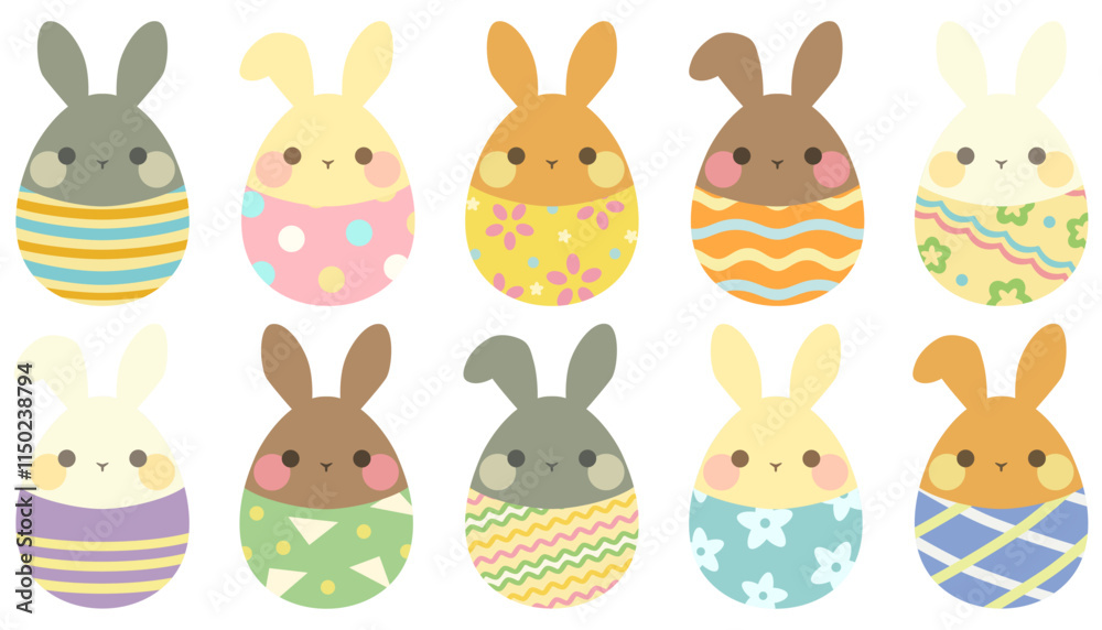 Naklejka premium イースターバニーとイースターエッグのイラストセット ベクター素材