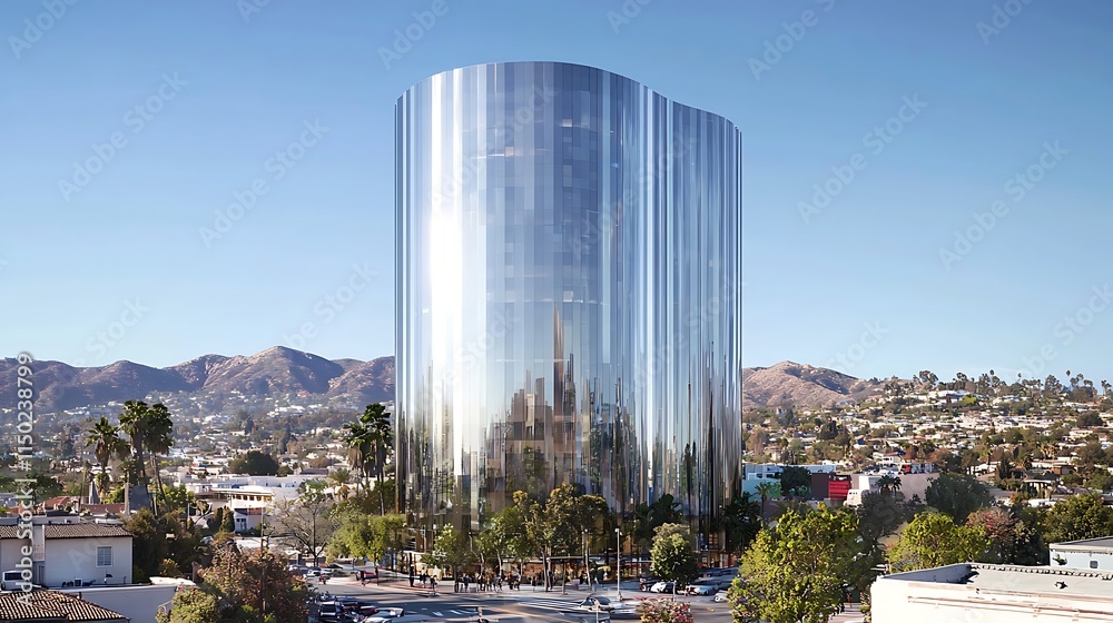 Fototapeta premium Modern mirrored skyscraper reflecting city and mountains.