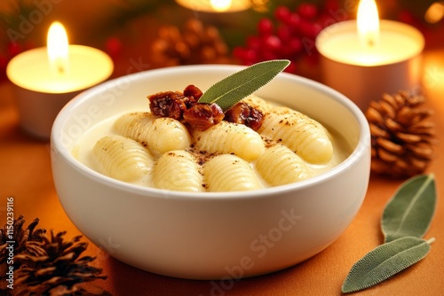 A wintery dish of gnocchi with roasted chestnuts and sage butter sauce, served in a cozy candlelit setting