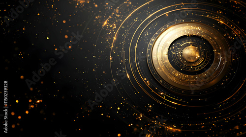 Glossy black background with golden Chinese zodiac wheel and copy space above. concept as A glossy black backdrop featuring a golden Chinese zodiac wheel symbolizing the cycle of time and fortune duri photo