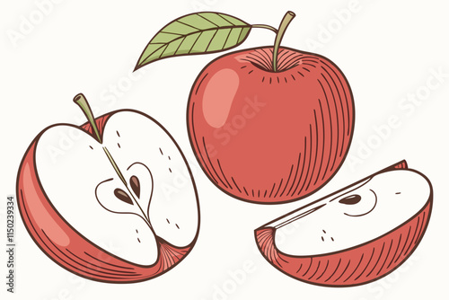 Apple, Whole with a stem, sliced with visible seeds vector illustration on a white background