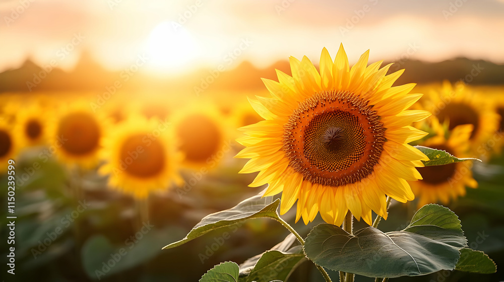 Fototapeta premium Vast Sunflower Fields Radiating Hope under Dreamy Sunrise Light with Copy Space