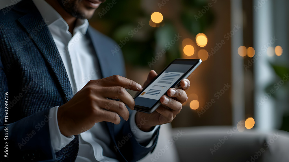 Macro close up of business executive using smart device for digital transformation with copy space concept as A macro close up of a business executive using a smart device to manage digital transforma Macro close up of business executive using smart device for digital transformation with copy space concept as A macro close up of a business executive using a smart device to manage digital transforma