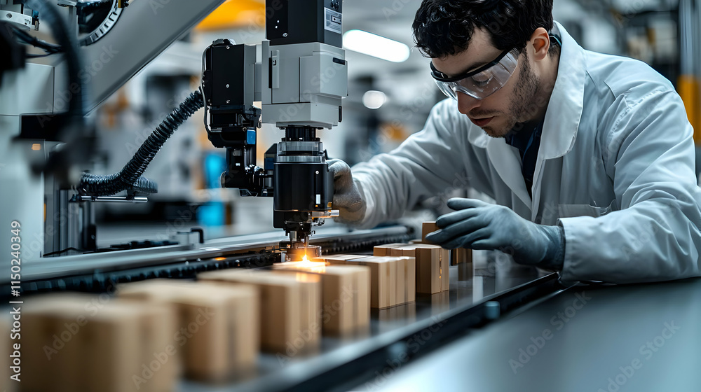 Candid photo of technician operating AI powered packaging machine with copy space concept as A candid photo of a technician operating an AI powered packaging machine in a manufacturing facility highli Candid photo of technician operating AI powered packaging machine with copy space concept as A candid photo of a technician operating an AI powered packaging machine in a manufacturing facility highli
