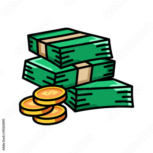 Stacks of Cash and Coins: A Cartoon Illustration of Wealth and Prosperity