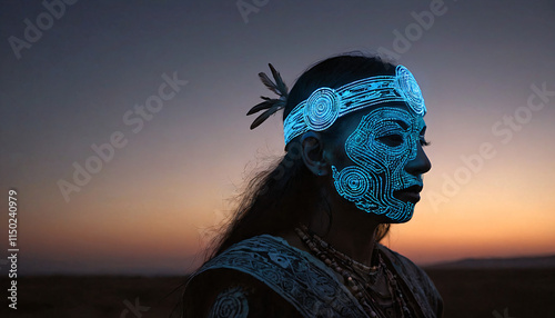 Spiritual shaman silhouette with illuminated face paint at sunset

