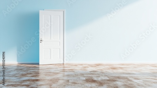 An empty bright blue room with sunlight streaming in through an open door, casting shadows on the textured hardwood floor, evoking feelings of potential and openness. photo