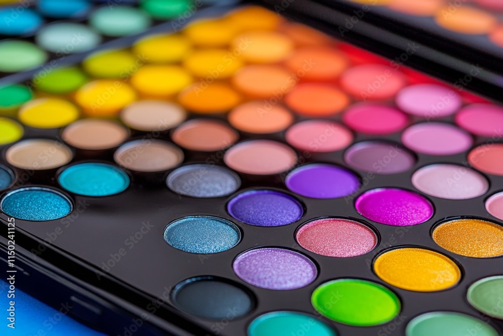 Glitter scattered over a makeup palette, with vibrant shades of shimmering eyeshadow and soft, brushed textures Glitter scattered over a makeup palette, with vibrant shades of shimmering eyeshadow and soft, brushed textures