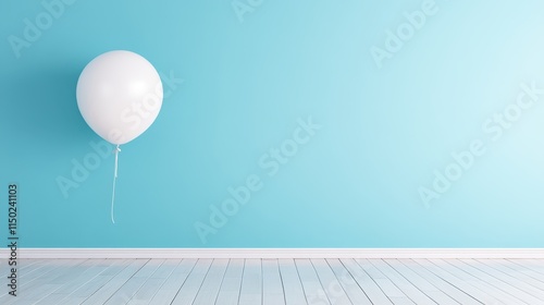 A serene light blue room showcasing a lone white balloon floating against the smooth walls, representing themes of simplicity, freedom, and elegance. photo