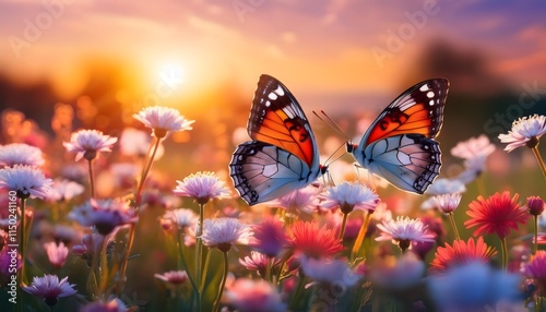 Sunset Serenity Butterflies on Flowers Nature Spring