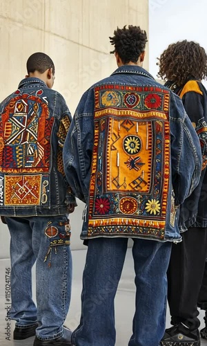 Three individuals showcasing vibrant, embroidered denim jackets.