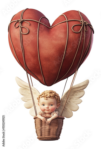 Valentines Day greeting card. An illustration of a heart shaped hot air balloon floating in the air with a baby angel sitting inside on transparent background. Fairy tale vintage style