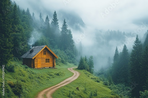 A small cabin is on a path in the woods