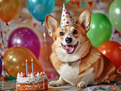 Joyful corgi enjoys birthday celebration with cake and party decorations photo