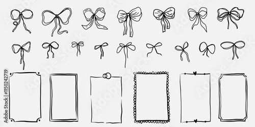 Hand drawn frame ribbon silk tied knot wedding decoration elegant template in doodle minimalistic flourish style.