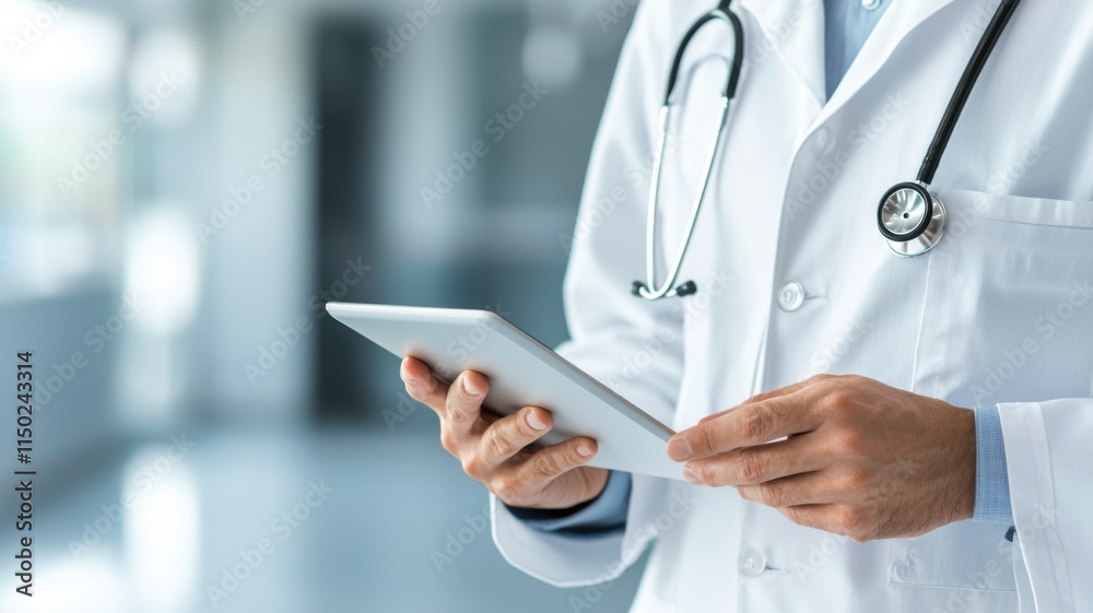 Medical professional using a tablet in a clinical setting. Medical professional using a tablet in a clinical setting.