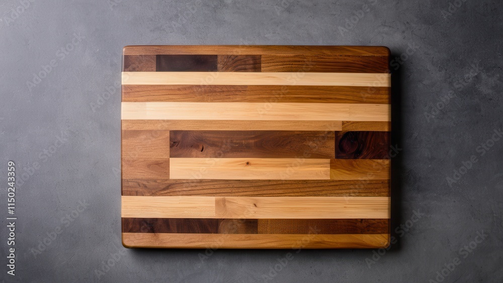 Fototapeta premium Rectangular wooden cutting board mockup with striped design and handle for easy use
