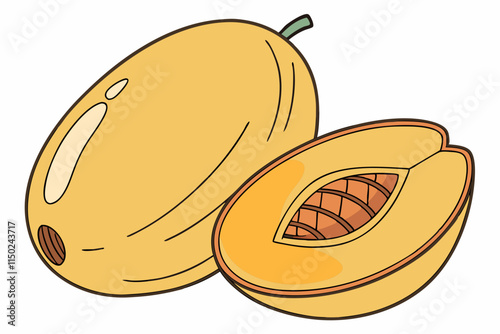 Mango - Whole mango with a slight curve and sliced version showing the pit vector silhouette on a white background