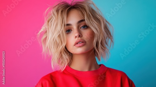 This image features a young blonde woman in a red sweater. Her relaxed demeanor stands out against the colorful, split-tone background blending pink and blue hues. photo