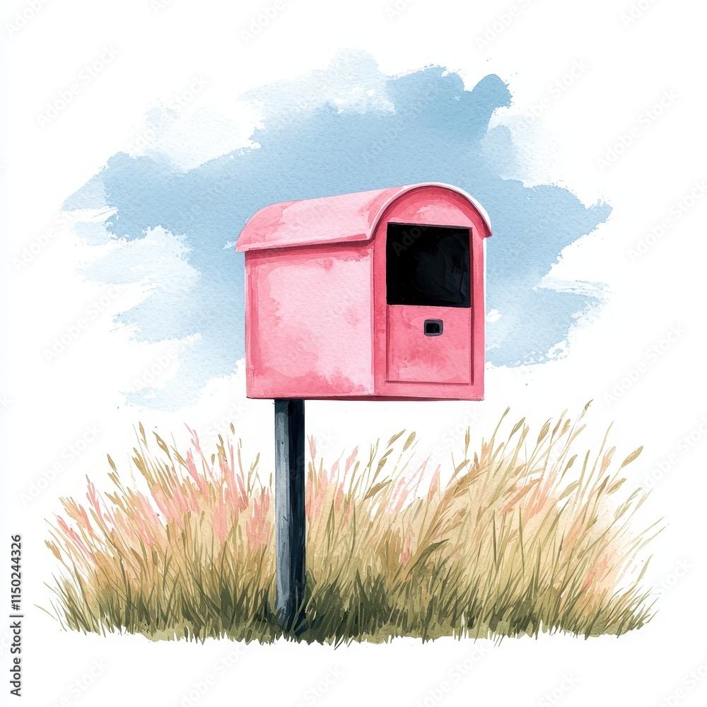 Pastel Pink Mailbox Watercolor Illustration Rural Scene Postbox Grass Sky Pastel Pink Mailbox Watercolor Illustration Rural Scene Postbox Grass Sky