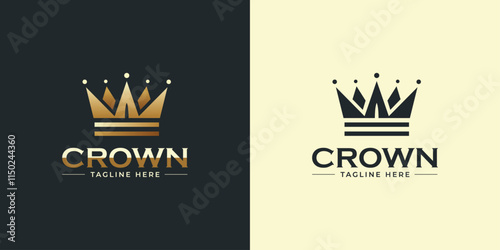 Crown logo, gold gradient, dark background, bold text, elegant design simplicity