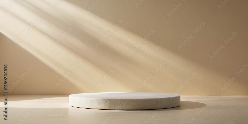 Minimalist beige backdrop with a light grey round pedestal illuminated by sun rays Minimalist beige backdrop with a light grey round pedestal illuminated by sun rays