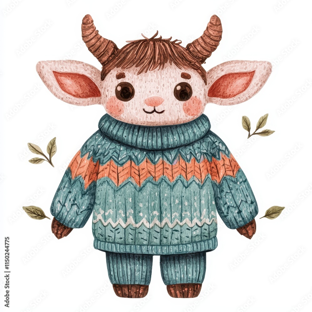 Obraz premium Cute Cartoon Goat in Knit Sweater Autumn Winter Childish Cozy Illustration