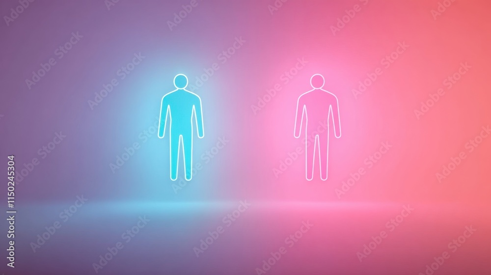 Two stylized figures in blue and pink glow against a gradient background, symbolizing contrast and duality. Two stylized figures in blue and pink glow against a gradient background, symbolizing contrast and duality.