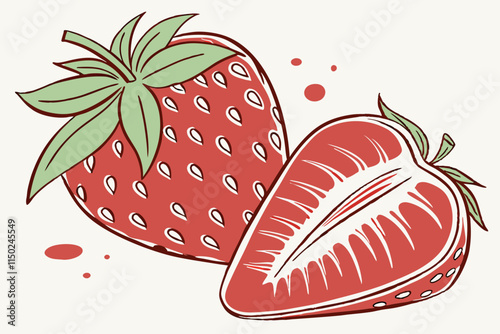 Strawberry - Whole with a leafy top and silhouette showing seeds vector silhouette on a white background