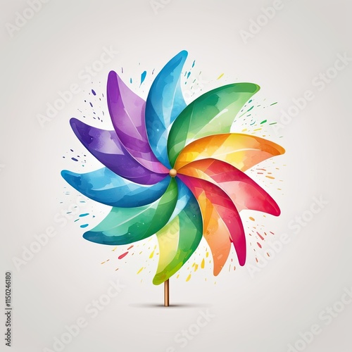 A vibrant, multicolored pinwheel bursts with joyful energy against a soft gray backdrop.  Its watercolor-like design creates a playful and whimsical mood.