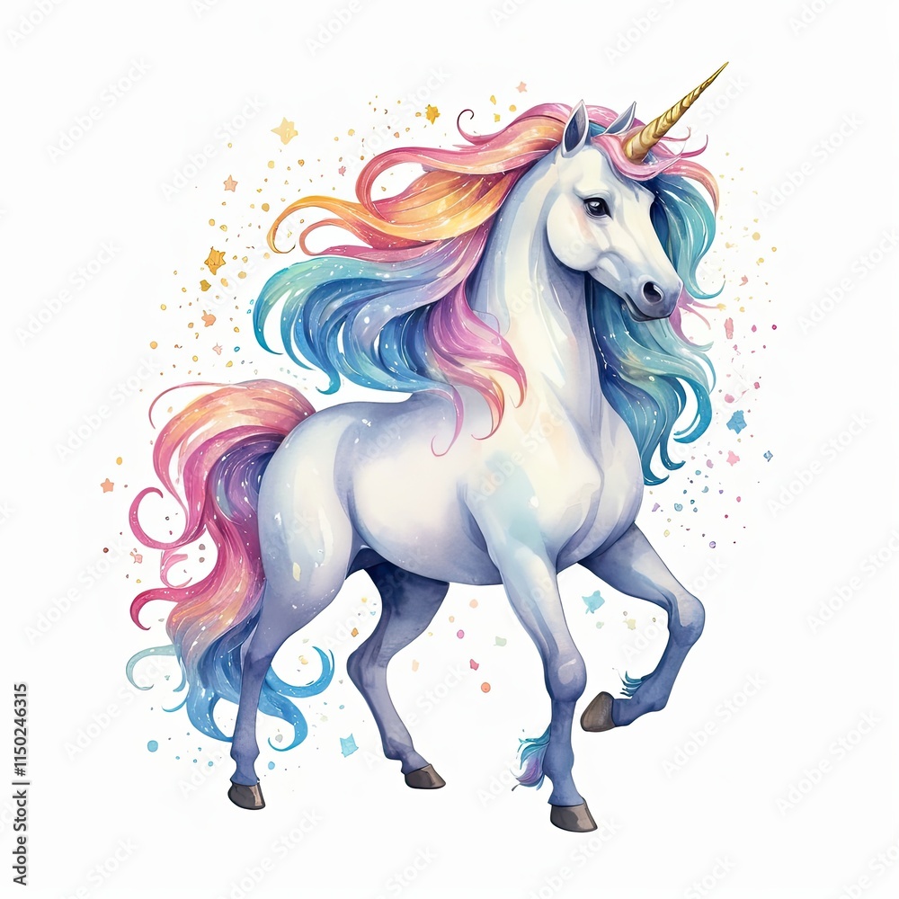 Magical rainbow unicorn with a flowing mane and tail, prancing gracefully against a white background. Whimsical and enchanting. Magical rainbow unicorn with a flowing mane and tail, prancing gracefully against a white background. Whimsical and enchanting.