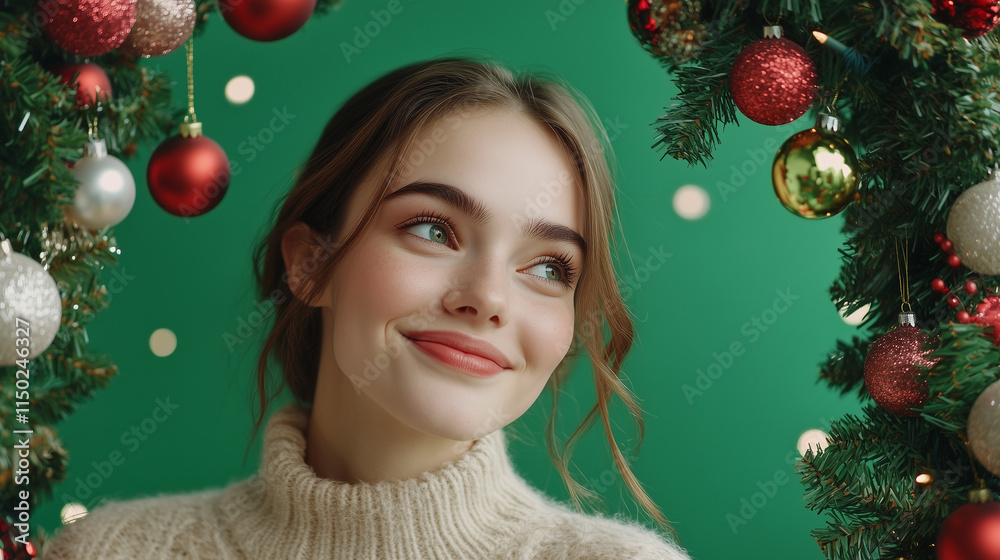 Festive Portrait of a Smiling Young Woman Framed by Christmas Decorations on Green Background Festive Portrait of a Smiling Young Woman Framed by Christmas Decorations on Green Background