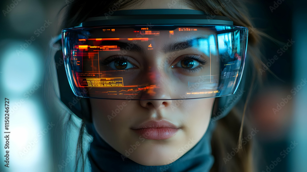 Employee Wearing Holographic AR Glasses Presenting Business Data in Modern Office Setting with Interactive Visuals and Copy Space Employee Wearing Holographic AR Glasses Presenting Business Data in Modern Office Setting with Interactive Visuals and Copy Space