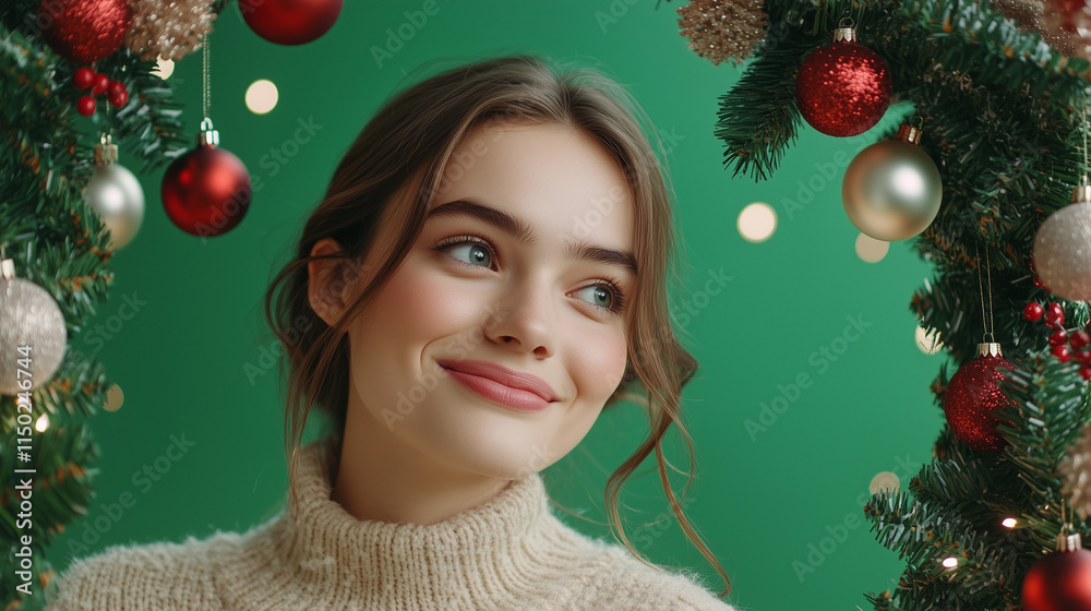Festive Portrait of a Smiling Young Woman Framed by Christmas Decorations on Green Background Festive Portrait of a Smiling Young Woman Framed by Christmas Decorations on Green Background