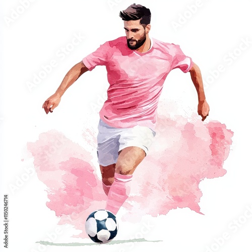 Soccer Player Dribbling Pink Jersey Watercolor Style Sports Illustration photo