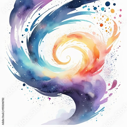 Abstract watercolor painting of a swirling galaxy in vibrant colors.  A cosmic dance of blues, purples, oranges, and yellows.