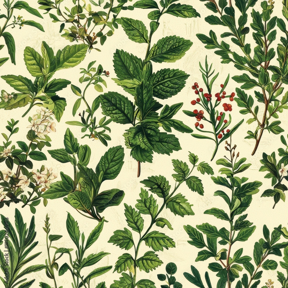 Fototapeta premium Botanical Illustration of Lavender and Mint with Detailed Green Leaves