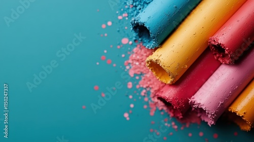 This image displays fragmented chalks bursting with bold colors, artistically arranged on a bright blue surface, highlighting creativity and flair in an abstract form. photo