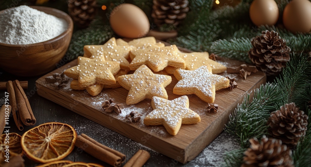 Fototapeta premium Holiday baking display with gingerbread cookies and festive decorations on wooden board