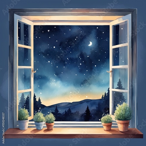Serene night view from an open window, adorned with potted plants. Watercolor painting of a tranquil landscape under a starry sky.