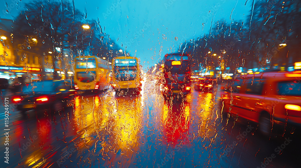 Nighttime City Street with Reflections, Raindrops Nighttime City Street with Reflections, Raindrops