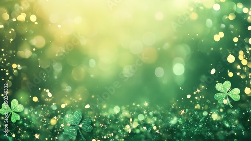 Abstract festive background for St. Patrick�s Day. Featuring glowing shamrocks, soft green light trails, and subtle golden accents. Representing luck, prosperity, and celebration photo